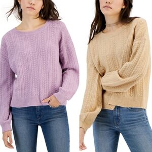 Hippie Rose Juniors' Crewneck Pointelle-Knit Sweater - Vintage Wheat lilac moon